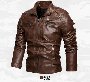 Detailed side view of a men's vintage brown faux leather motorcycle jacket with quilted shoulders