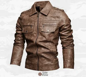 Side view of premium men's brown distressed faux leather motorcycle jacket with collar