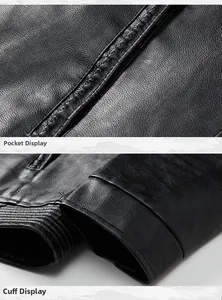 Macro view of the pocket and cuff details on a textured black faux leather motorcycle jacket