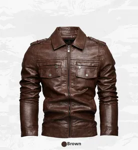 Detail view of men's brown faux leather motorcycle jacket with lapel and pockets
