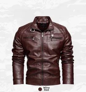 Detailed view of a premium wine red faux leather motorcycle jacket for men with zips