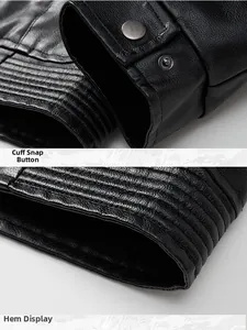 Detailed close-up of men's leather jacket cuff with snap and textured hem
