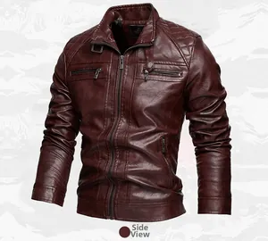 Detailed angled view of a burgundy men's faux leather biker jacket with zip pockets