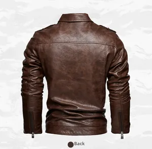 Detailed back view of a classic men's vintage brown faux leather motorcycle jacket