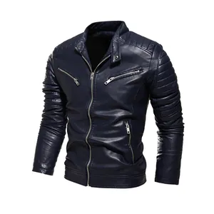 Men's dark blue PU leather biker jacket with quilted shoulder and sleeve details