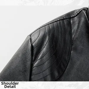 Detailed close-up of stitched shoulder panel on men's black leather jacket