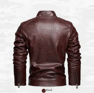 Detailed back view of a textured burgundy faux leather motorcycle jacket for men