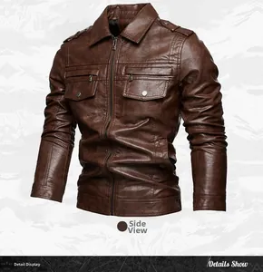 Side view of men's brown faux leather motorcycle jacket with lapel and pocket details