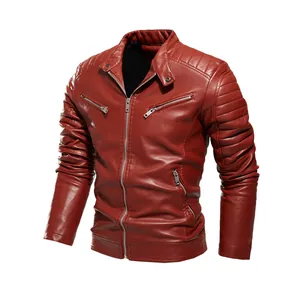 Premium men's dark red PU leather biker jacket featuring quilted sleeve details and fleece lining