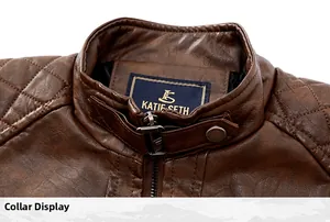Close-up detail of a brown men's motorcycle leather jacket collar with brand label