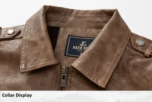 Close-up detail showing the refined lapel and collar design of a brown leather jacket