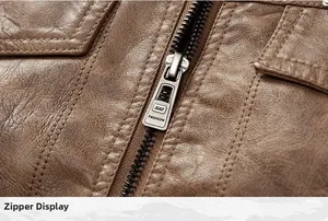 Close-up of premium metal zipper and texture on men's brown leather motorcycle jacket