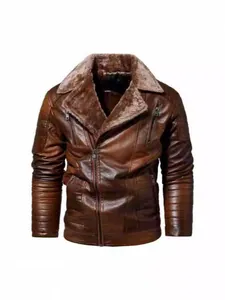 Men's stylish winter brown PU leather jacket featuring a warm faux fur collar and lining