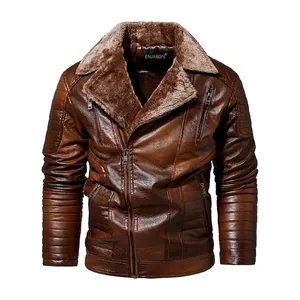 Herren Winter Fleece PU Lederjacke Biker Stil Lammfell Gefüttert Kunstpelz Kragen Warm Dicke Oberbekleidung Moto Mantel