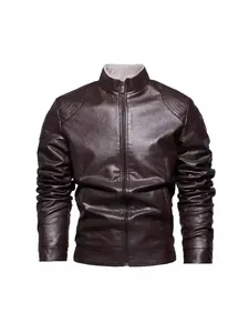 Schlanke braune Herren-Kunstleder-Motorradjacke mit warmem Fleece-Futter für den Winter