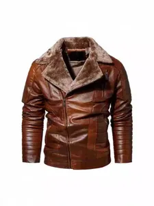 Men's brown PU leather jacket with warm faux fur lining and biker style details