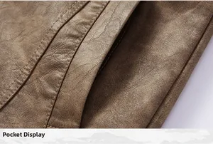 Close-up of functional side pocket detail on men's vintage brown leather motorcycle jacket