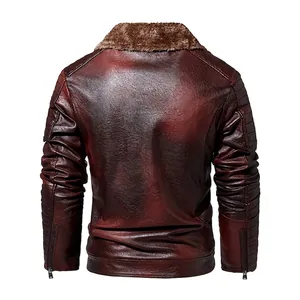 Braune Herrenjacke aus Kunstleder mit Kunstfellkragen, Ansicht von der Rückseite