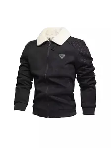 Giacca in camoscio nero da uomo con collo in pelliccia bianca e motivi jacquard