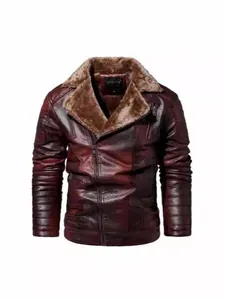 Men's vintage distressed burgundy winter faux leather jacket with warm faux fur collar
