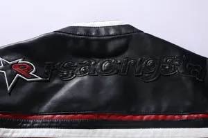 Close-up of racing embroidery and premium PU leather texture on biker jacket back