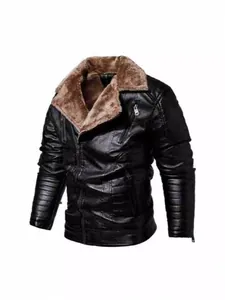 Men's black PU leather jacket featuring a brown faux fur collar and thick fleece lining