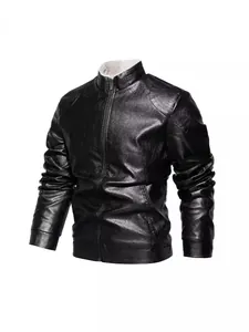 Schwarze Herren Lederjacke in Slim Fit Ausführung mit warmem weißem Fleece-Futter