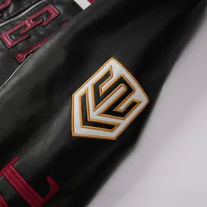 Macro detail shot showing high-quality embroidery and leather texture on a racing jacket