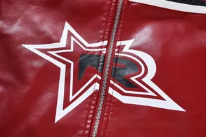 Close-up of red PU leather jacket showing detailed star print and material texture.