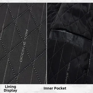 Detailed view of the diamond-quilted lining and inner pocket of the leather jacket