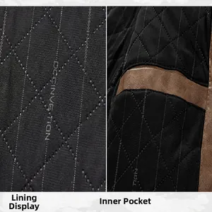 Close-up detail of the men's leather jacket diamond-quilted lining and interior pocket