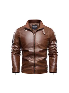 Giacca da uomo in finta pelle marrone lavata vintage con elegante colletto alla coreana
