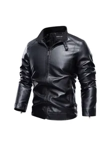 Giacca da uomo in similpelle nera vintage con colletto alla coreana per autunno inverno