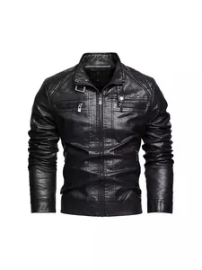 Herren Biker-Jacke aus PU-Leder mit Stehkragen und Rautensteppung Strapazierfähige Kunstleder-Oberbekleidung mit Mehreren Reißverschlusstaschen Top