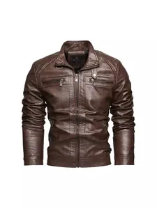 Klassische braune Herren-Motorradlederjacke mit mehreren Reißverschlusstaschen im Vintage-Stil