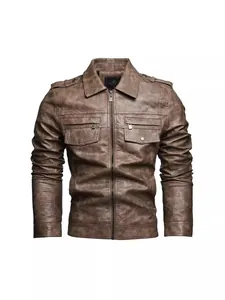 Giacca da motociclista vintage in pelle sintetica marrone con colletto