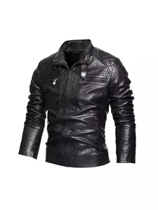 Schwarze Bikerjacke aus Kunstleder für Herren mit mehreren Reißverschlusstaschen
