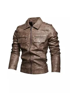 Giacca da moto vintage in ecopelle marrone da uomo con colletto a rever