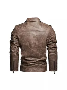 Giacca da motociclista in ecopelle marrone da uomo con vista posteriore e zip