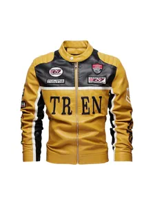 Gelbe und schwarze Color-Block-Motorrad-Lederjacke für Herren mit Stickerei-Aufnähern