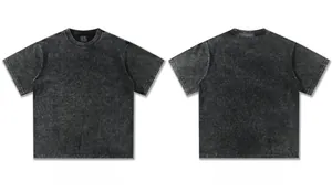 Detailed front and back views of a heavy acid wash vintage black cotton T-shirt with small neck