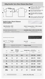 Detaillierte Größentabelle und Stoffspezifikationen für das schwere 300g Baumwoll-T-Shirt.