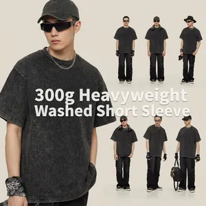 Men Heavyweight 300g Snow Wash Distressed T-Shirt Vintage Washed Black Short Sleeve Retro Streetwear Casual Cotton Top