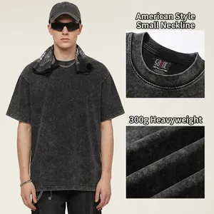 Heavyweight 300g acid wash t-shirt with vintage distressed finish and small neckline
