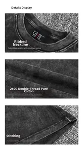 Detailed views of a 260g double yarn pure cotton vintage washed t-shirt with ribbed collar