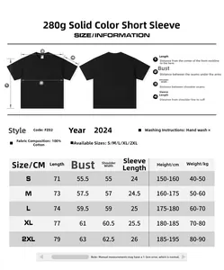 Detailed size guide for cotton short sleeve T-shirt, showing measurements from S to 2XL