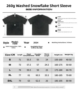 Size information chart for a 260g washed snow pattern t-shirt with measurements.