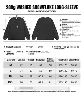 Tabella delle taglie dettagliata per t-shirt a maniche lunghe in cotone lavato con acido