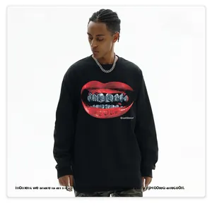 Black heavy cotton long sleeve T-shirt featuring a street style lip and teeth graphic