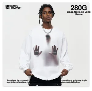 Detailed view of white 280g heavyweight cotton long-sleeve tee with phantom graphic